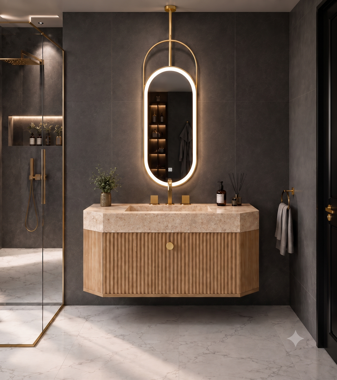 Finland - Grey Gun gloss/ brushed gold steel trim with calcutta natural stone intergrated into 1 sink