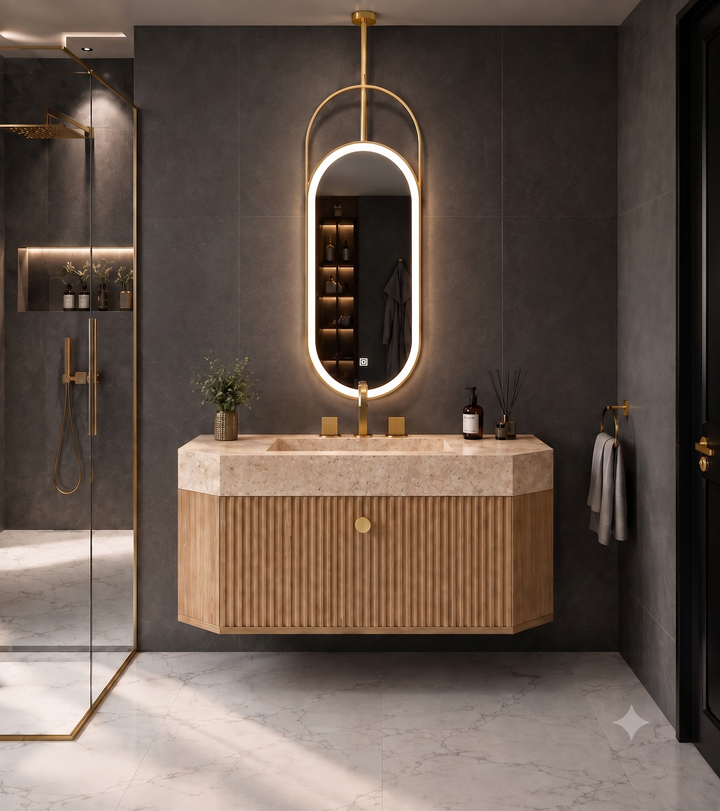 Finland - Grey Gun gloss/ brushed gold steel trim with calcutta natural stone intergrated into 1 sink