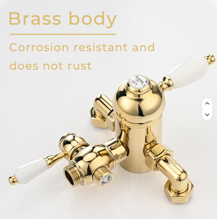 Charles II- Gold Polished Brass Victorian Exposed therostatic 2 way shower system