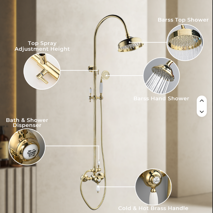 Charles II- Gold Polished Brass Victorian Exposed therostatic 2 way shower system