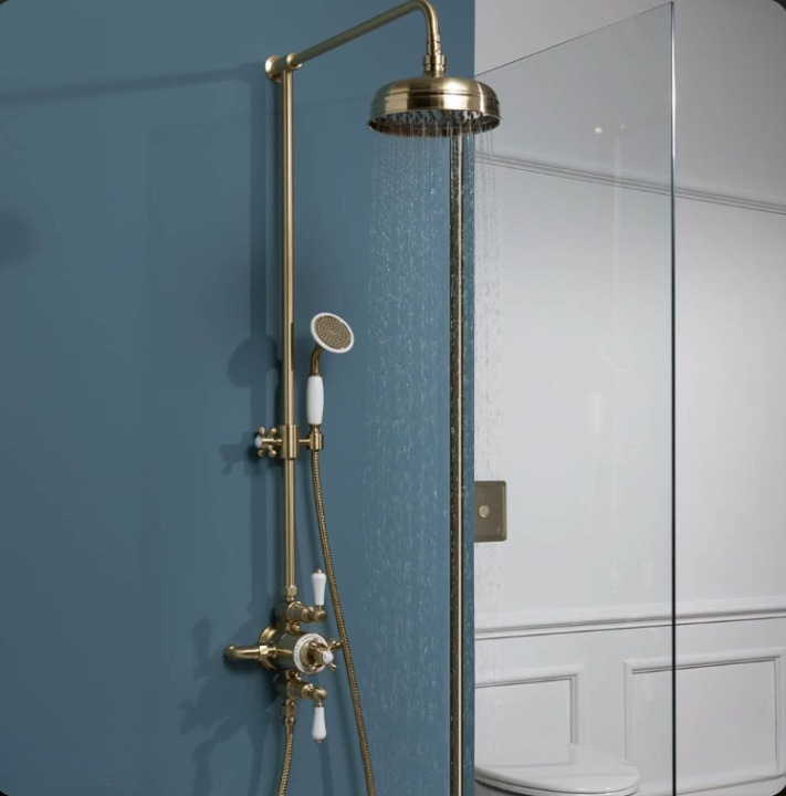 Charles II- Gold Polished Brass Victorian Exposed therostatic 2 way shower system