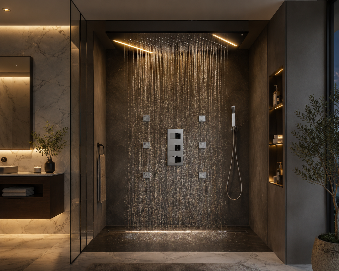 Chrome 24"X16" LED Spa Rain Head 3 Way Function Thermostatic Shower Kit