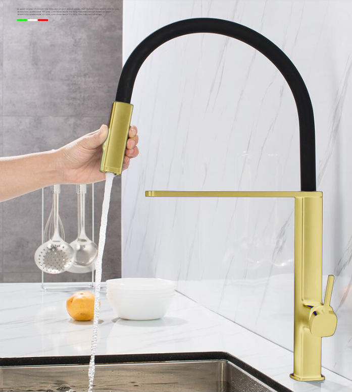 Cordoba-Brushed Gold-New Italian Design 2024 Swivel and Dual Spray Pull Out Kitchen Faucet