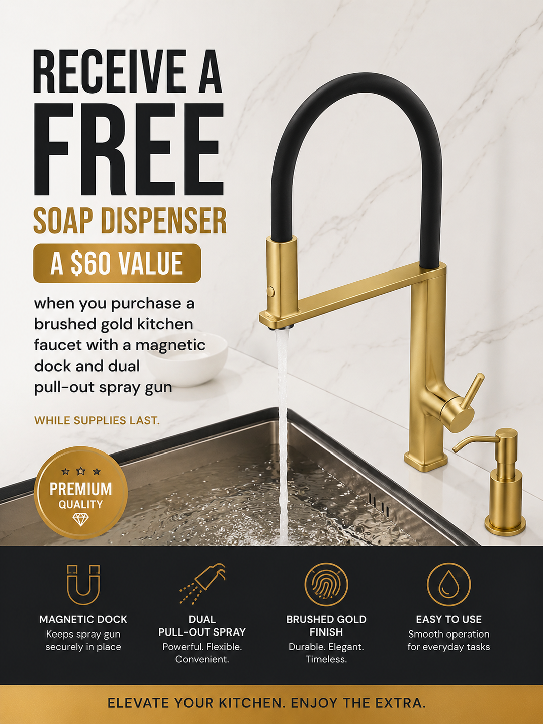Cordoba-Brushed Gold- Euro Design Magnetic Swivel and Dual Spray Pull Out Kitchen Faucet