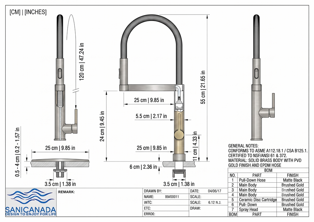 Robinet de cuisine Cordoba – Or brossé – Design européen, douchette extractible à jet double et pivot magnétique