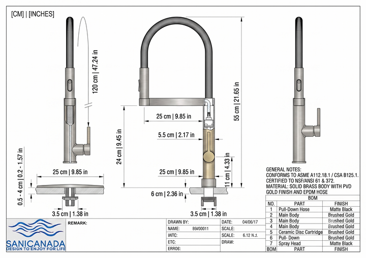 Robinet de cuisine Cordoba – Or brossé – Design européen, douchette extractible à jet double et pivot magnétique