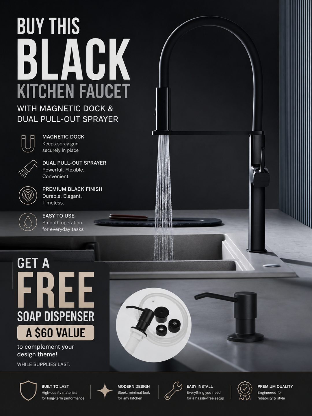 Cordoba-Black-Swivel and Magnetic Dual Spray Pull Out Kitchen Faucet