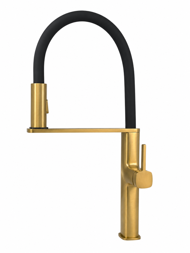 Robinet de cuisine Cordoba – Or brossé – Design européen, douchette extractible à jet double et pivot magnétique