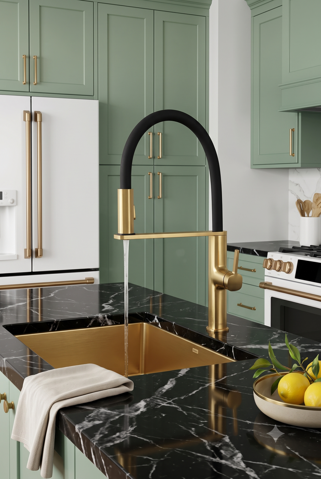 Robinet de cuisine Cordoba – Or brossé – Design européen, douchette extractible à jet double et pivot magnétique