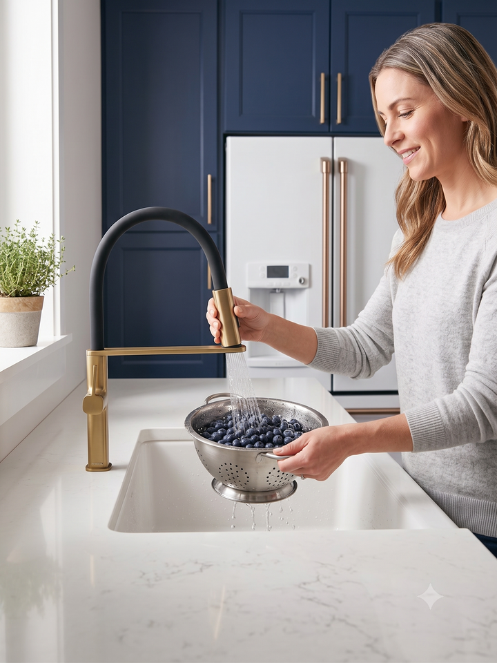 Robinet de cuisine Cordoba – Or brossé – Design européen, douchette extractible à jet double et pivot magnétique