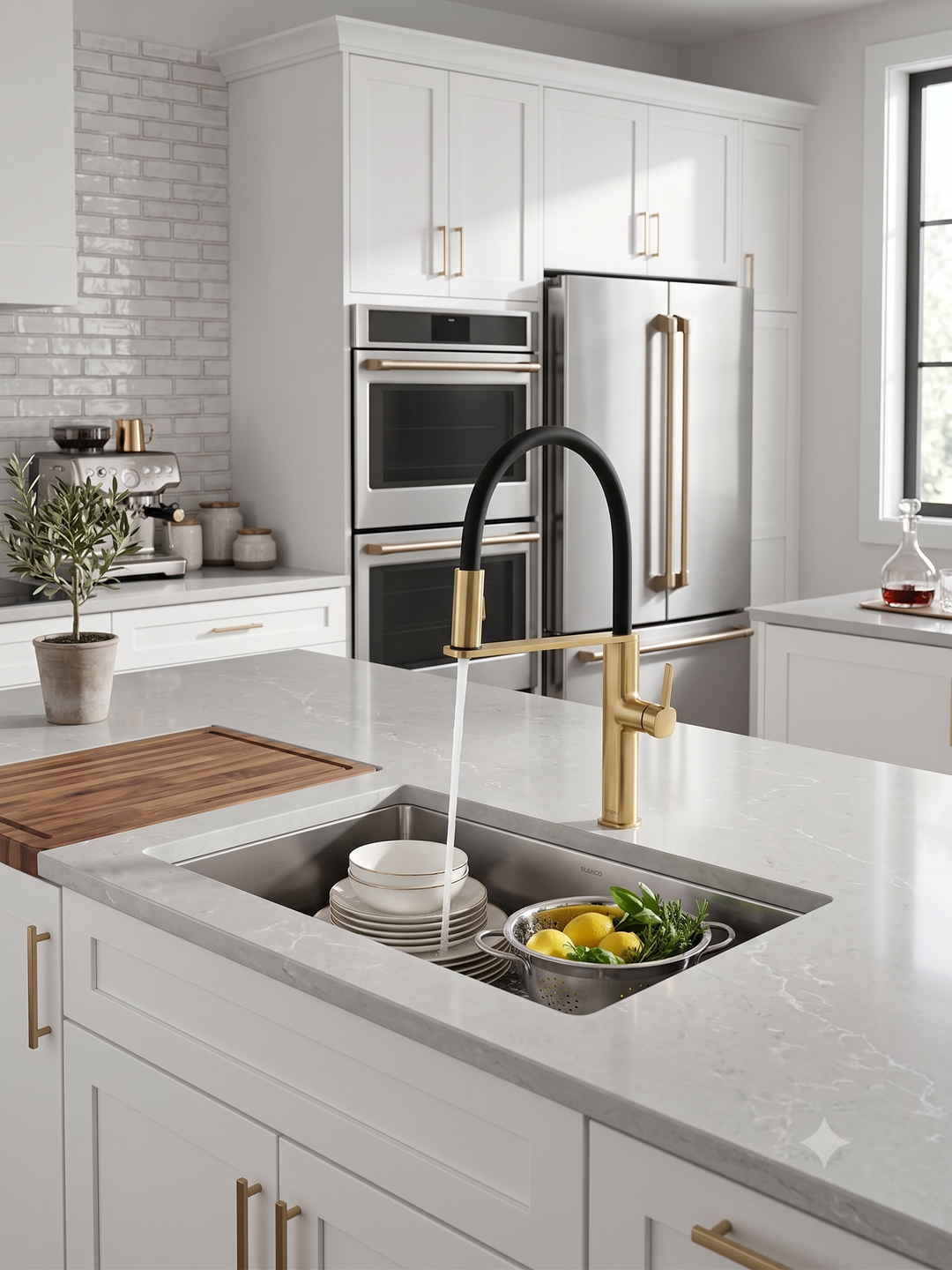 Robinet de cuisine Cordoba – Or brossé – Design européen, douchette extractible à jet double et pivot magnétique