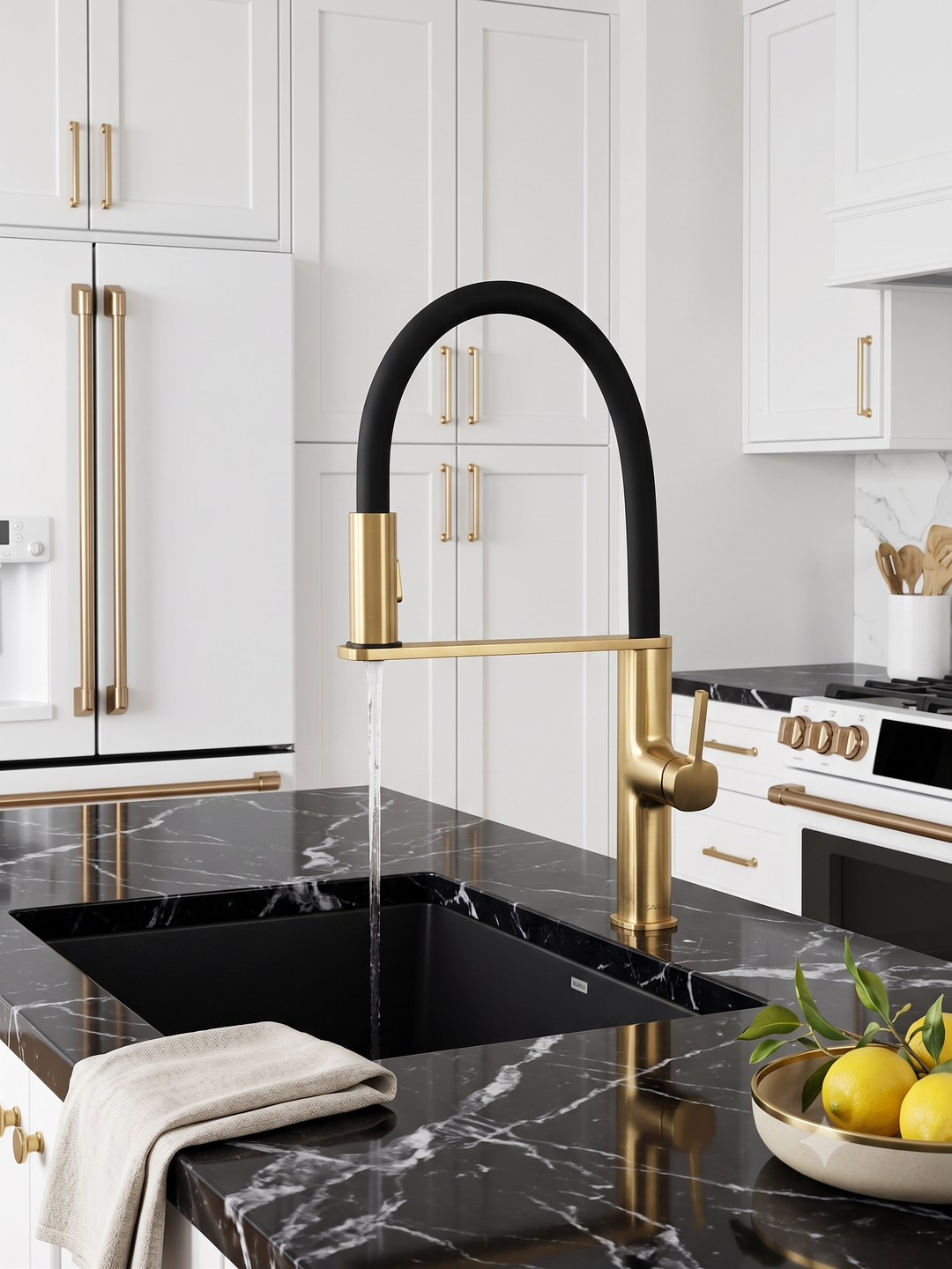 Robinet de cuisine Cordoba – Or brossé – Design européen, douchette extractible à jet double et pivot magnétique