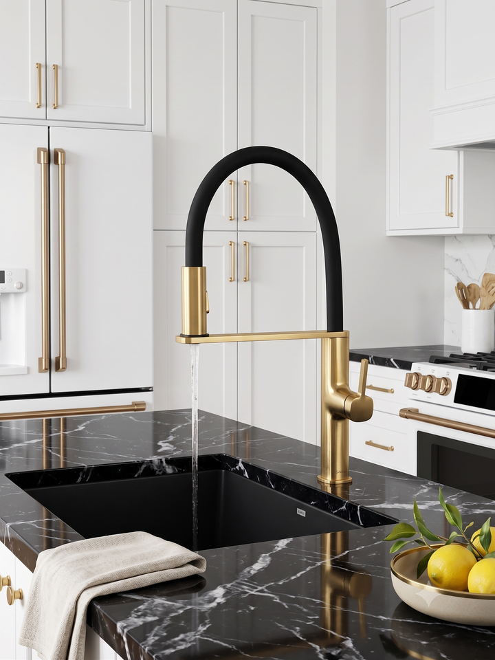 Robinet de cuisine Cordoba – Or brossé – Design européen, douchette extractible à jet double et pivot magnétique