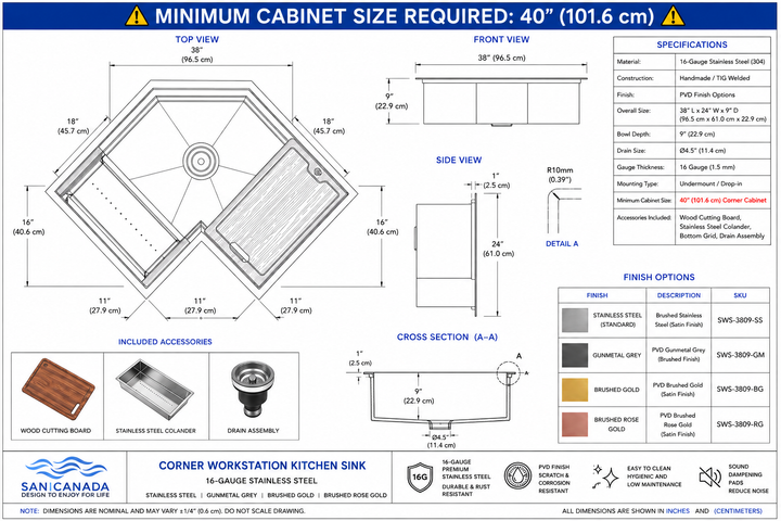 Artisan Corner Undermount -Custom made  30-inch Commercial Grade 304 stainless steel 16 gauge