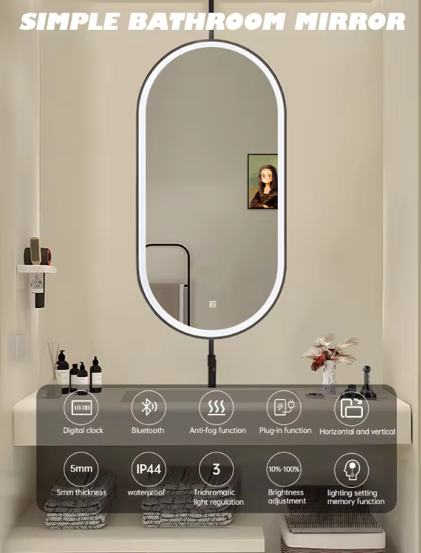 Custom-Double side Mirror-Brushed Gold-Oval Suspended Ceiling Mount Double Side LED Bathroom Mirror
