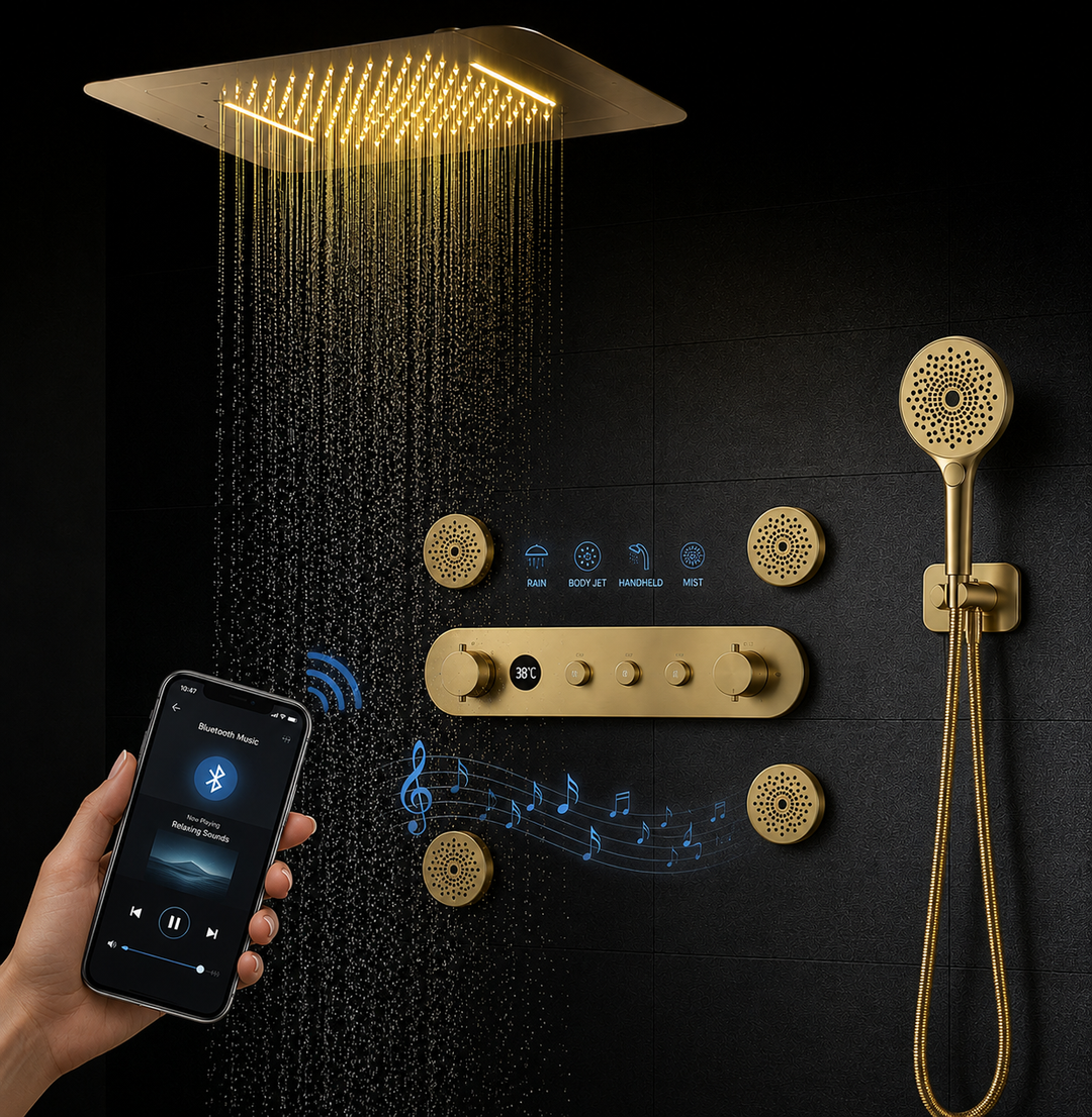 Brushed Gold Thermostatic Shower System Smart LED 23"x15" Ceiling Rain Shower Panel 5 function diverter, hand spray and 6 jet massage spray spa system set