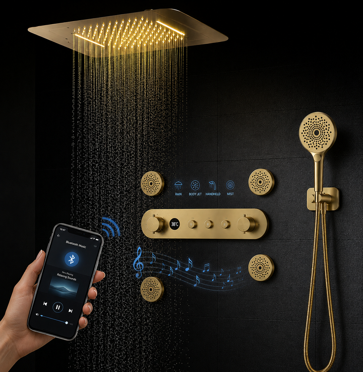 Brushed Gold Thermostatic Shower System Smart LED 23"x15" Ceiling Rain Shower Panel 5 function diverter, hand spray and 6 jet massage spray spa system set