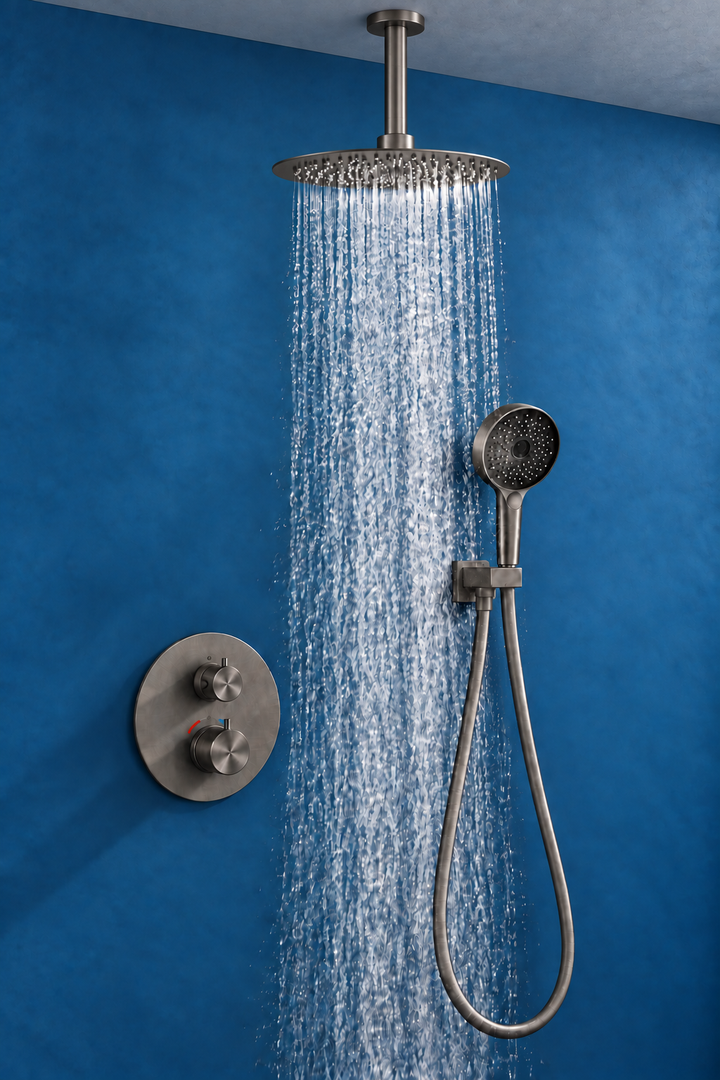 12" Gunmetal Round Rain Shower System – 2-3 Way Thermostatic Shower Kit with Handheld