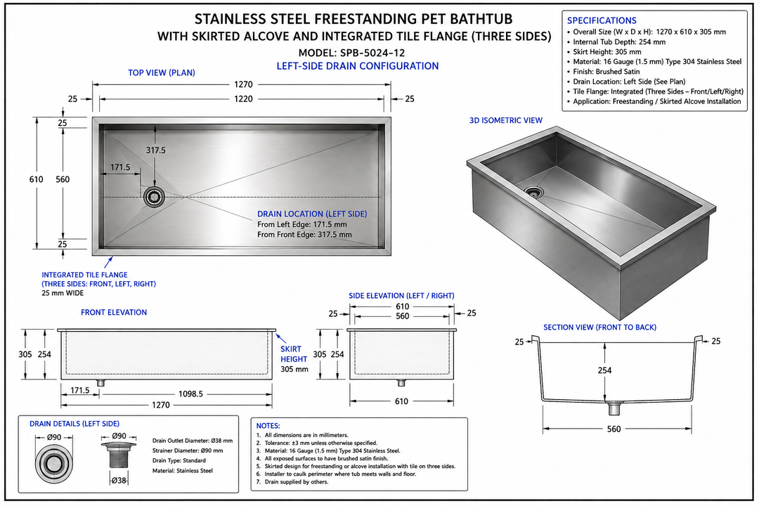 Custom-Stainless Steel-Pet Dog Artisan made bathtub mudroom washing station 16 gauge commercial grade stainless steel