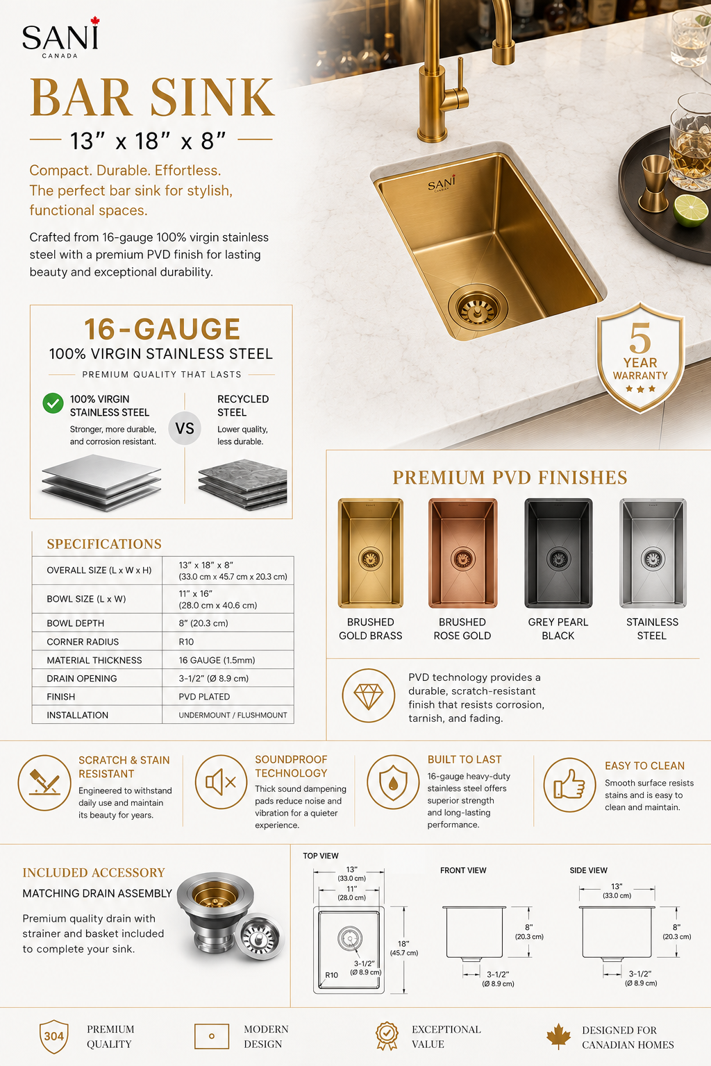 Brushed Gold-Black Grey Gun Undermount 16 Gauge Stainless Steel Bar Prep sink 12X16"x8"