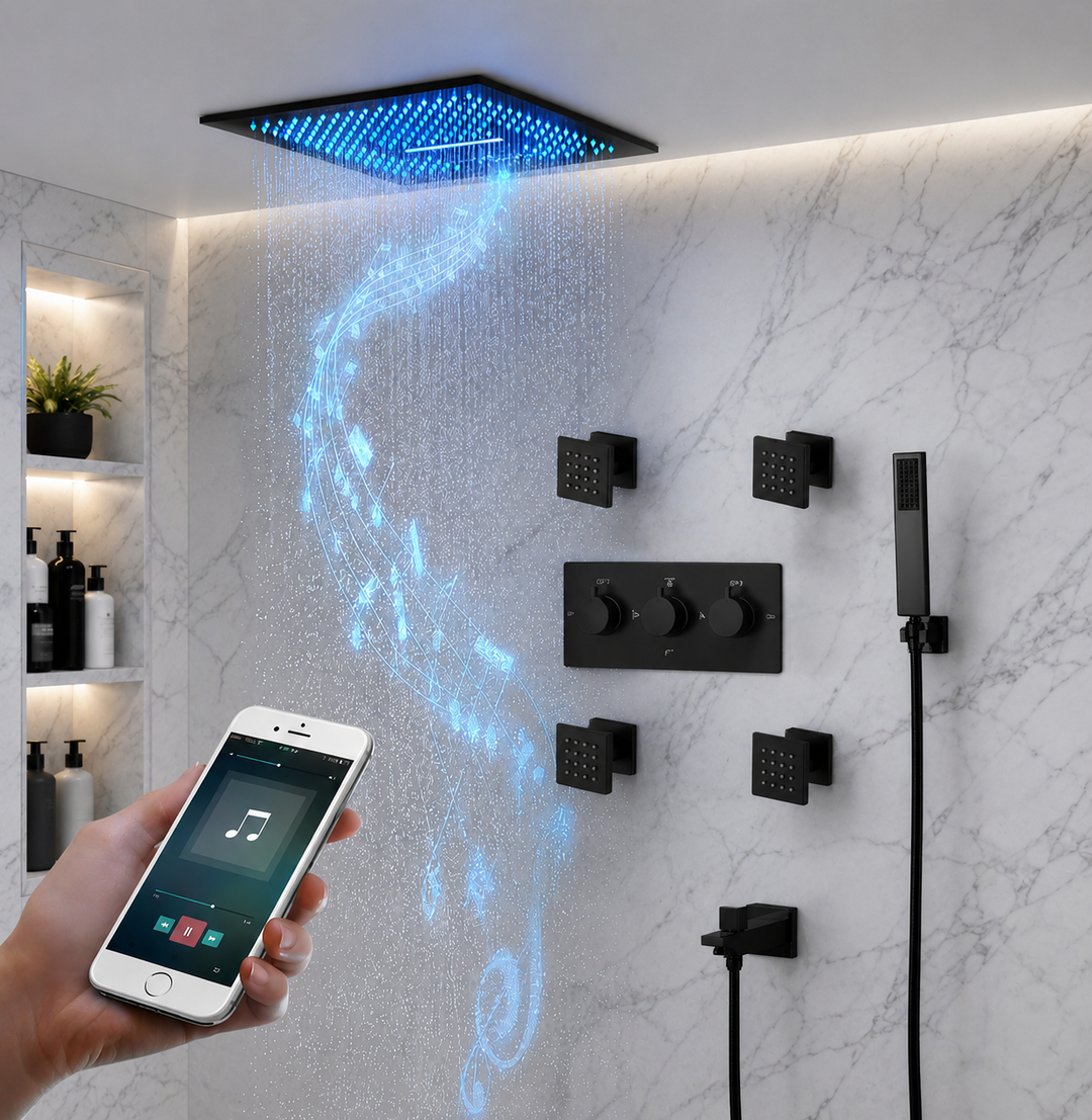 Black 12"x12" Square SPA Ceiling Flushmount LED Rain head, Bluetooth Wifi Music 4 way function shower system kit