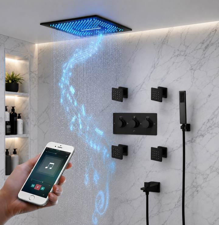 Black 12"x12" Square SPA Ceiling Flushmount LED Rain head, Bluetooth Wifi Music 4 way function shower system kit