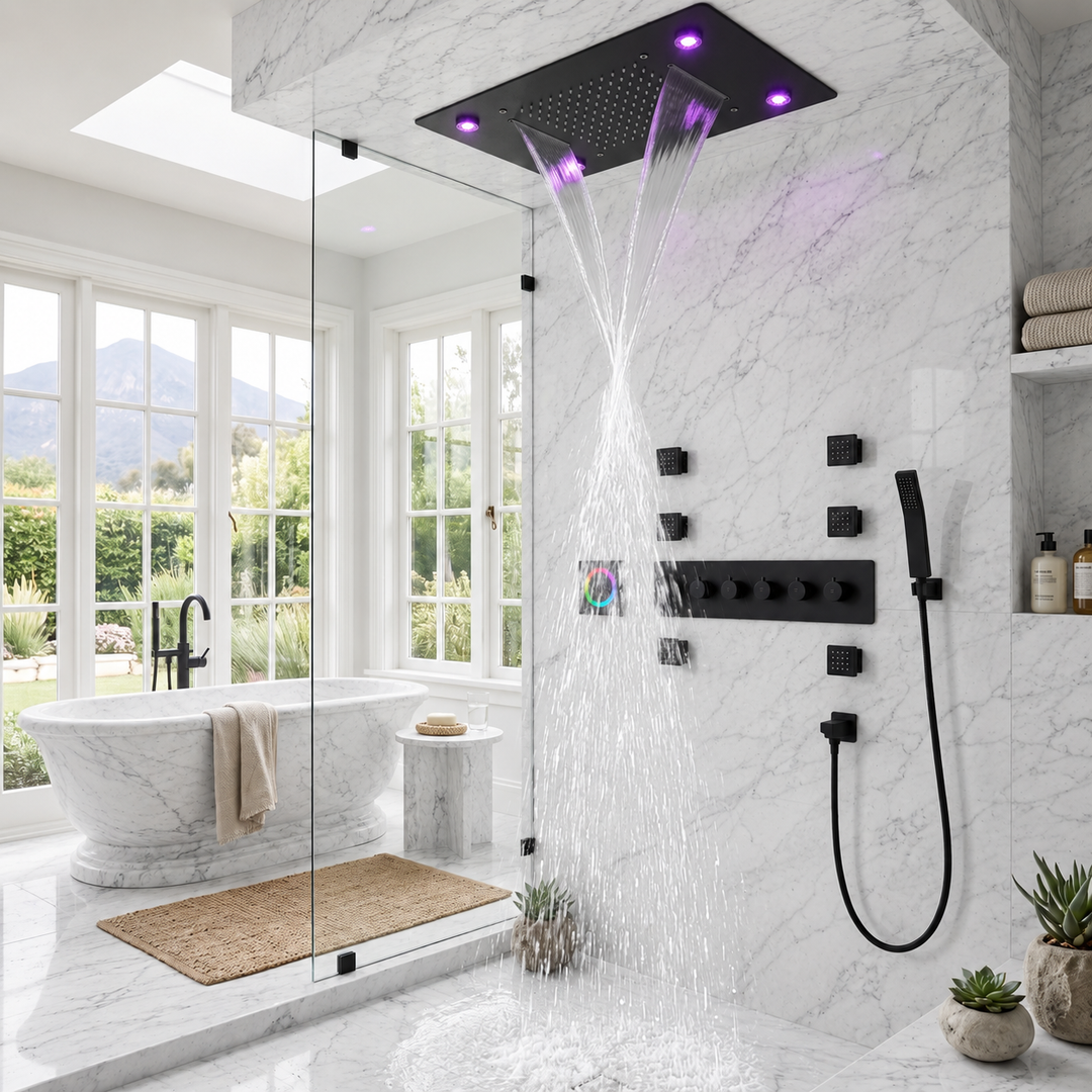 Black ceiling Bluetooth music 24"x15" rain ,waterfall, mist LED SPA completed shower system kit