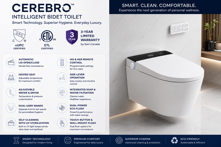 Sani Canada Cerebro 1 Intelligent wall hung bidet toilet bowl Tankless