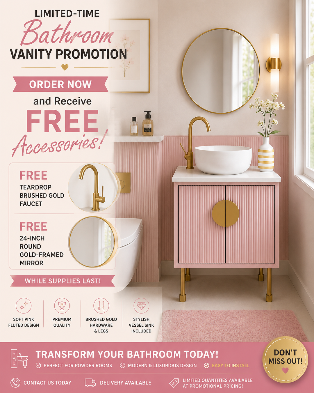 Florence-Pink - Light Grey Freestanding with Brushed Gold Trim Bathroom Vanity Base ONLY
