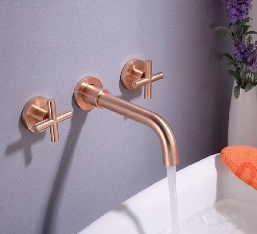 Copper Satin Wall Mounted Cross Handles Lavatory Faucet Set