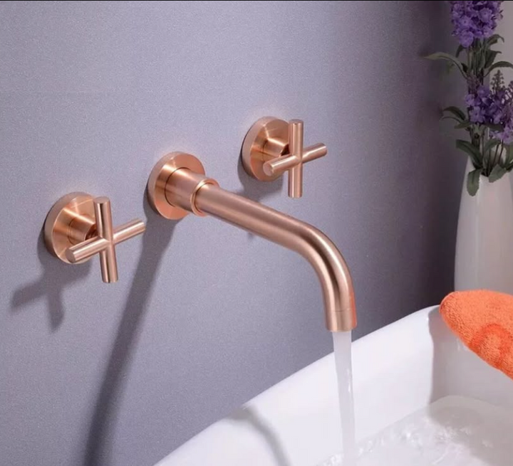 Copper Satin Wall Mounted Cross Handles Lavatory Faucet Set