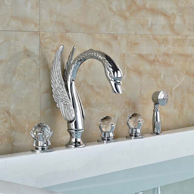 Swan deck mounted 5 holes bathtub filler faucet set