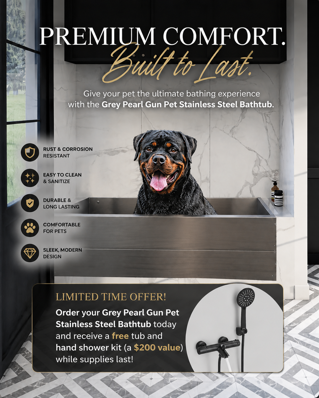 Black Pearl Grey Gun-Pet Dog Artisan made bathtub mudroom washing station 16 gauge commercial grade stainless steel