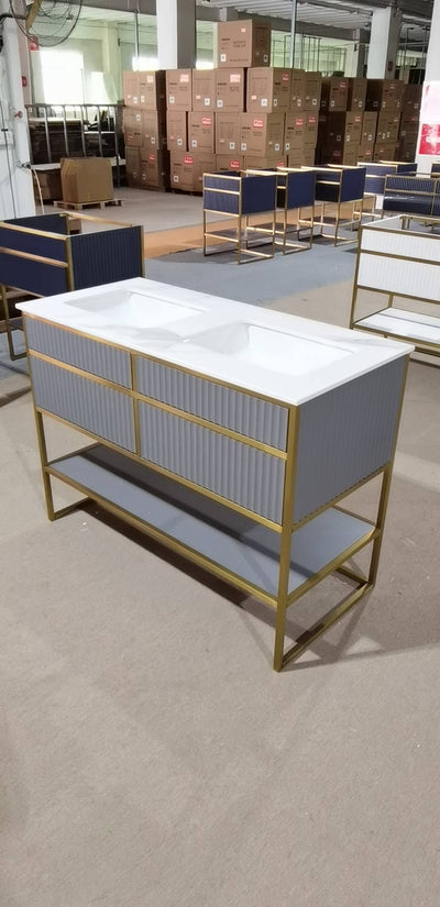 Dolce-Grey Vanity Cabinet With Gold Color Stainless Steel And Gold Color Side Cabinet 60" inches