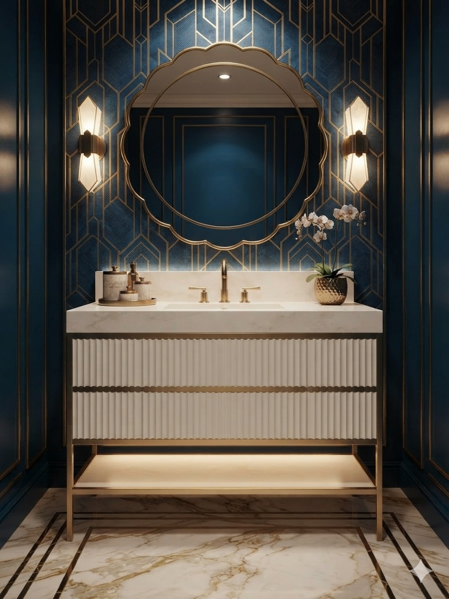 DOLCE 1926- WHITE ART DECO -SATIN BRUSHED GOLD STEEL FRAMED BATHROOM VANITY