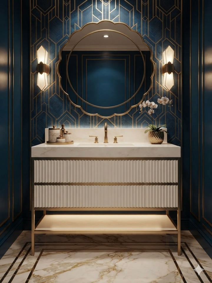 DOLCE 1926- WHITE ART DECO -SATIN BRUSHED GOLD STEEL FRAMED BATHROOM VANITY