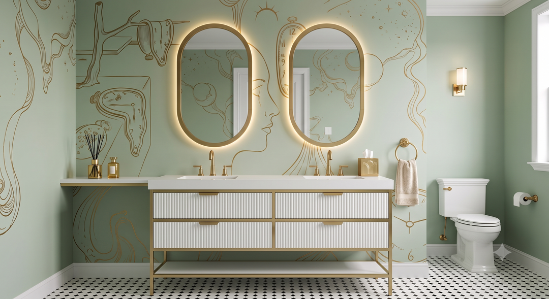 DOLCE 1926- WHITE ART DECO -SATIN BRUSHED GOLD STEEL FRAMED BATHROOM VANITY
