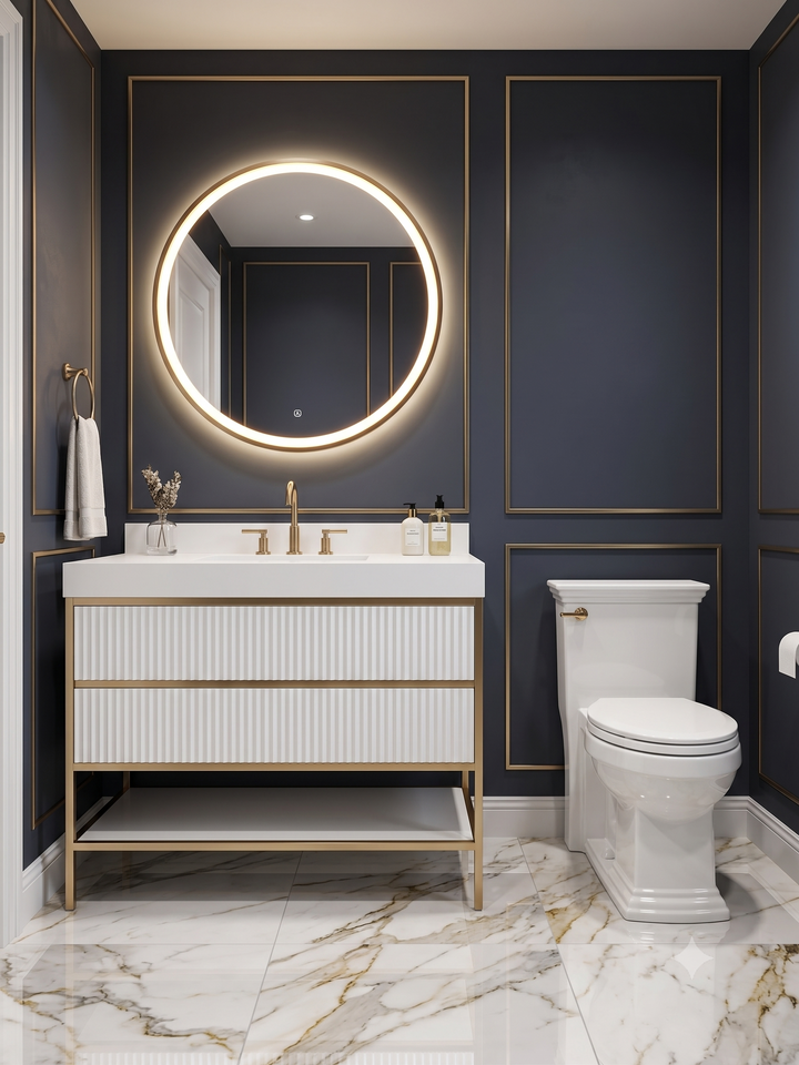 DOLCE 1926- WHITE ART DECO -SATIN BRUSHED GOLD STEEL FRAMED BATHROOM VANITY