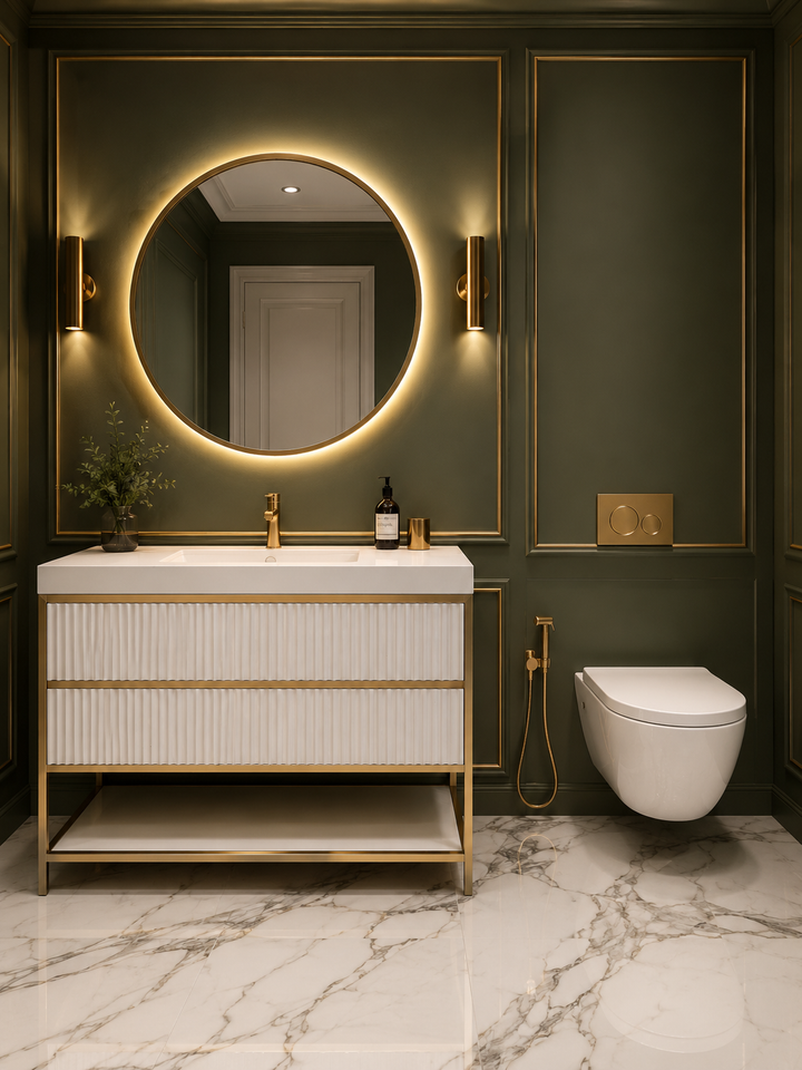DOLCE 1926- WHITE ART DECO -SATIN BRUSHED GOLD STEEL FRAMED BATHROOM VANITY