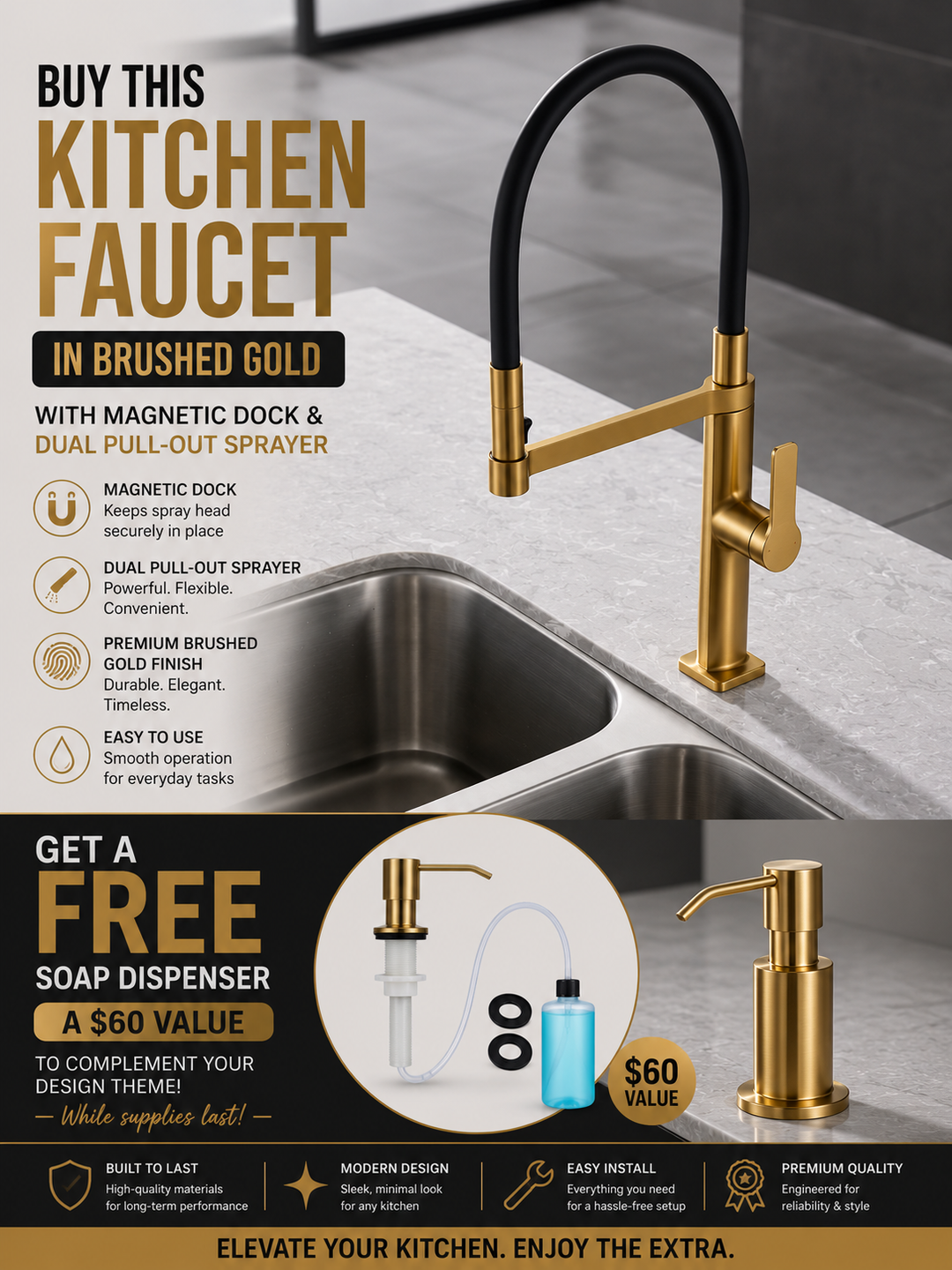Barolo-Nordic design-Black with brushed gold -black matte- tall 21" pull our dual spray kitchen faucet