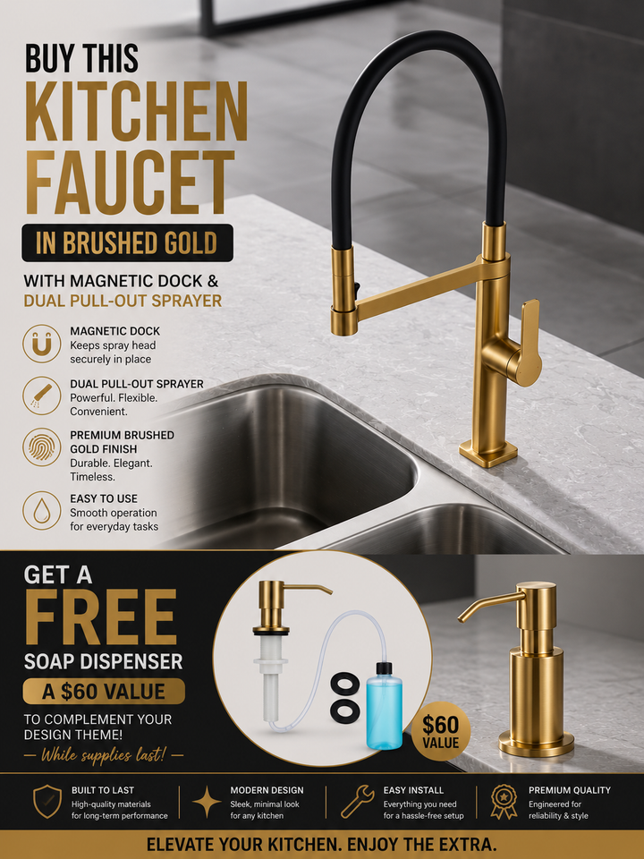 Barolo-Nordic design-Black with brushed gold -black matte- tall 21" pull our dual spray kitchen faucet