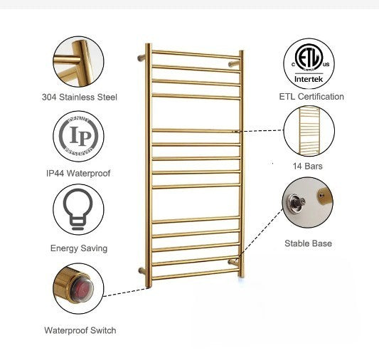 Gold polished brass electric hardwired towel warmer CSA size 43" x 24"