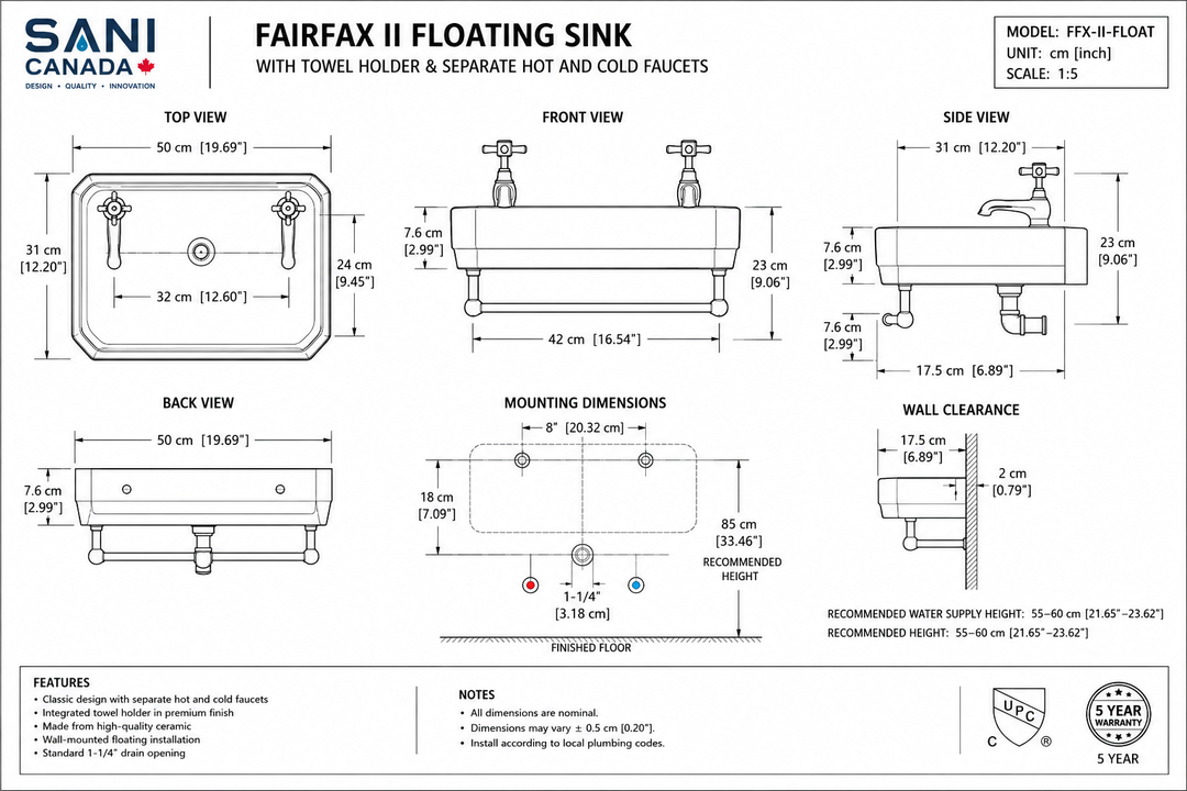 Fairfax II Wall Mounted Victorian ceramic sink with hot & cold seperate and towel holder