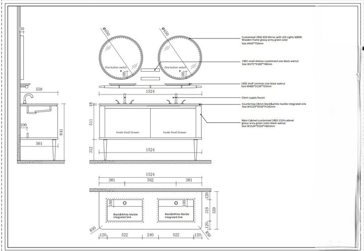 Turin- 60" Green Solid Walnut Wood Double sink bathroom vanity set