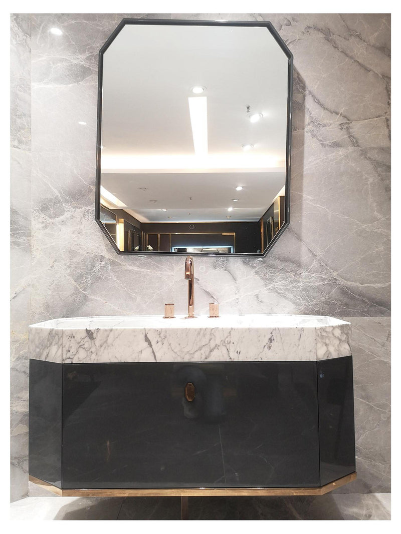 Finland - Grey Gun gloss/ brushed gold steel trim with calcutta natural stone intergrated into 1 sink