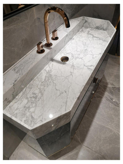 Finland - Grey Gun gloss/ brushed gold steel trim with calcutta natural stone intergrated into 1 sink