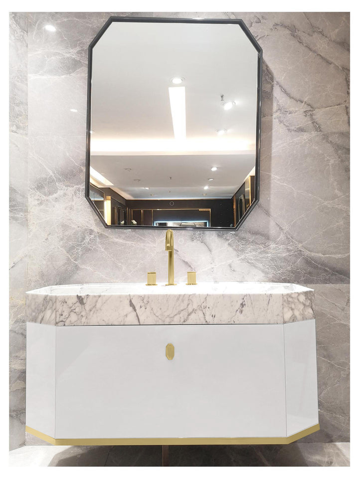 FINLAND-White Matte with Brushed gold trim metal with Natural Marble intergratred sink