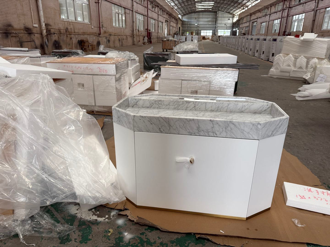 FINLAND-White Matte with Brushed gold trim metal with Natural Marble intergratred sink
