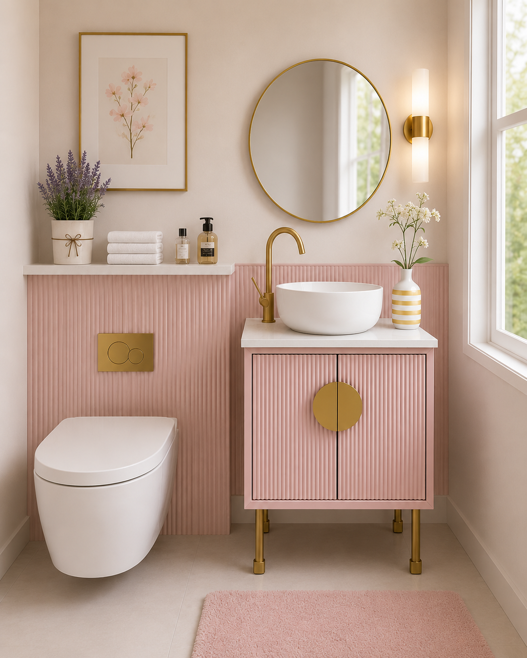 Florence-Pink - Light Grey Freestanding with Brushed Gold Trim Bathroom Vanity Base ONLY