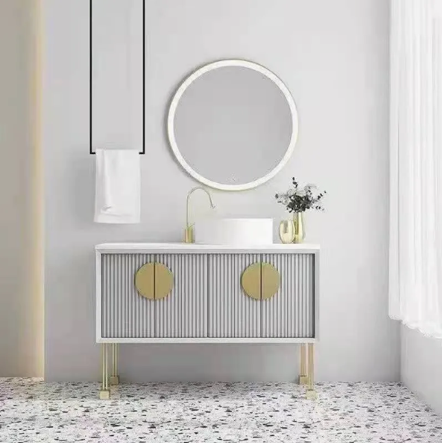 Florence-Pink - Light Grey Freestanding with Brushed Gold Trim Bathroom Vanity Set